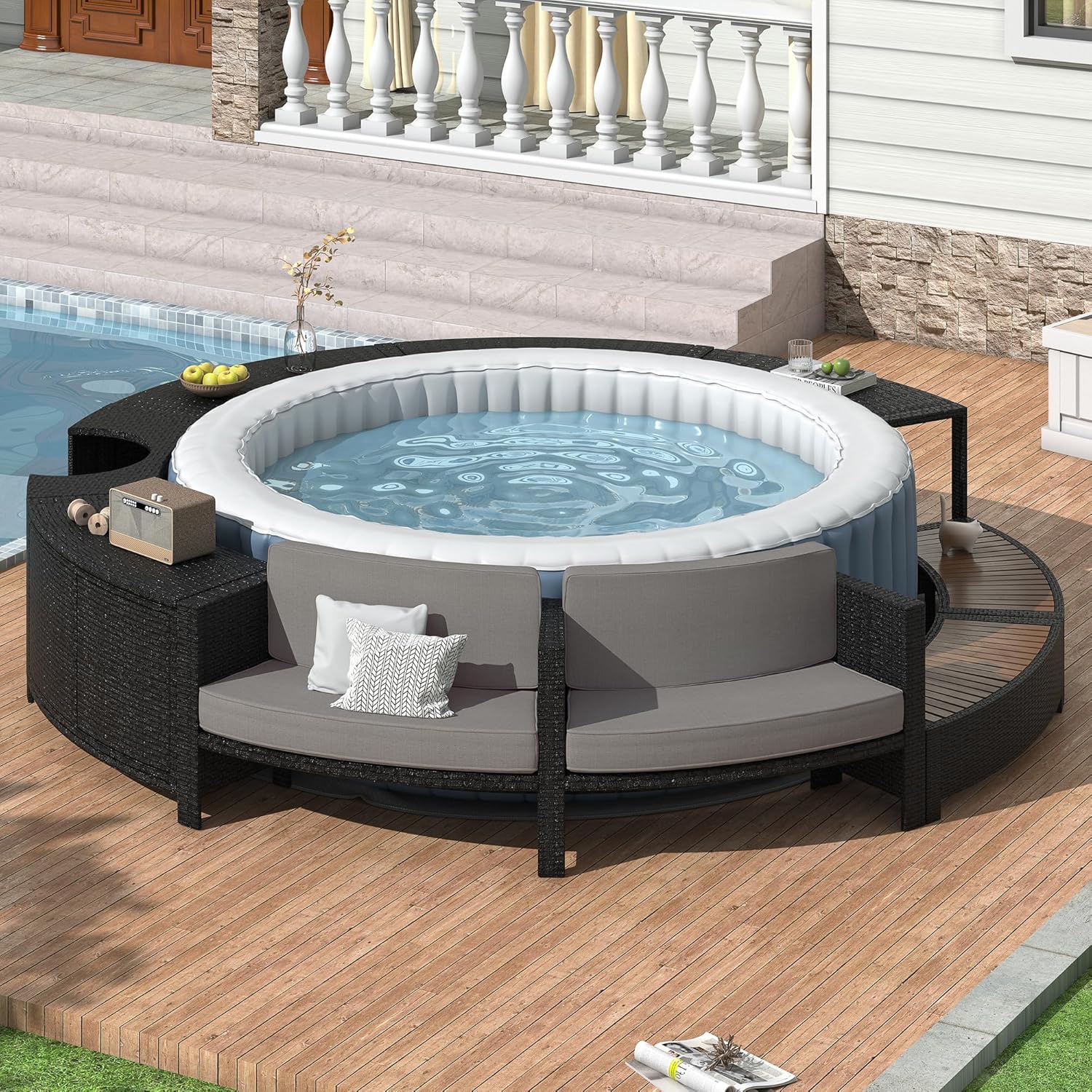 Outdoor Furniture Grey - Rattan-Gartenmöbel-Set mit Stauraum & Kissen für