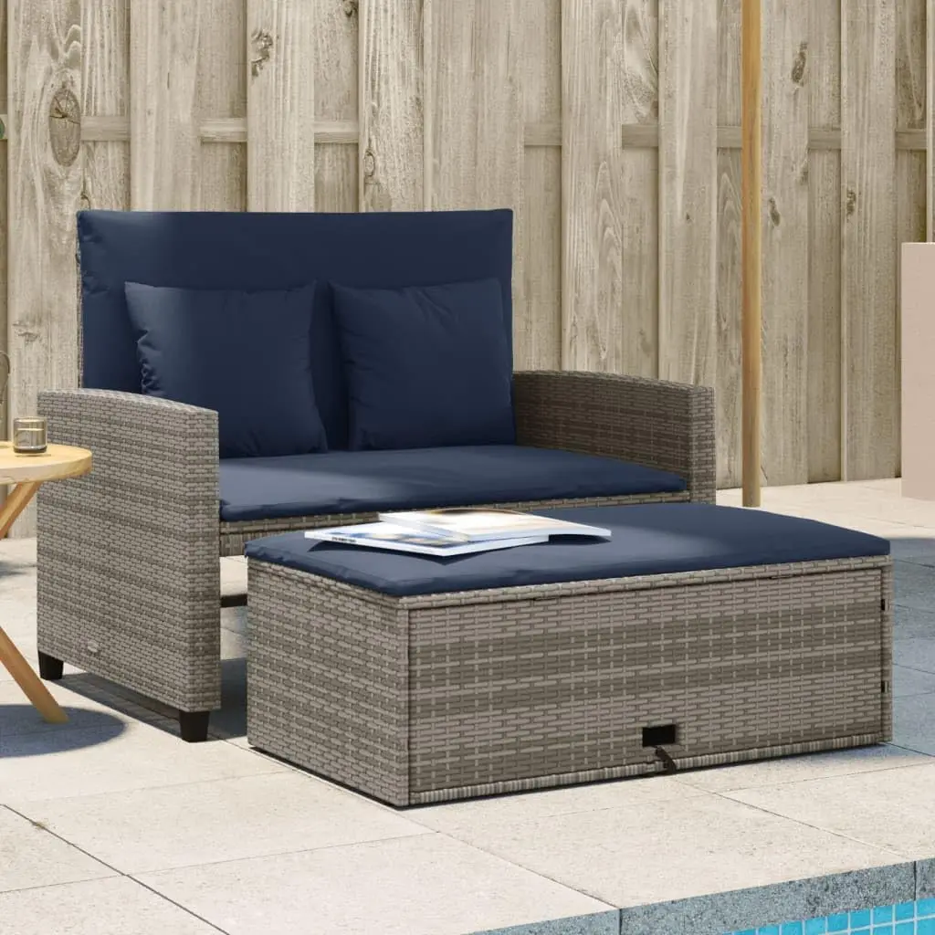 Outdoor Furniture Grey - Graues und marineblaues PE-Rattan-Gartensofa mit pulverbeschichtetem