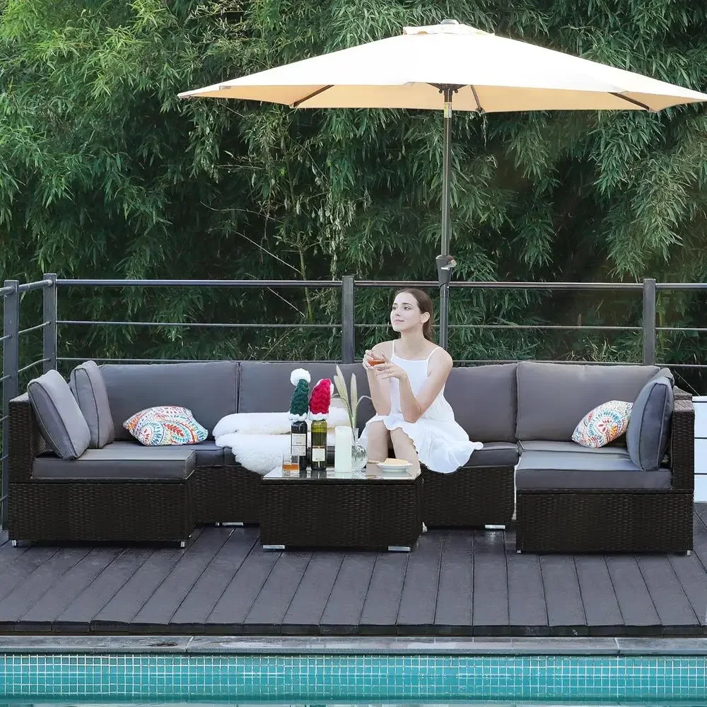 Outdoor Furniture Grey - Allwetter-Gartenmöbel-Set aus Korbgeflecht mit Kissen und