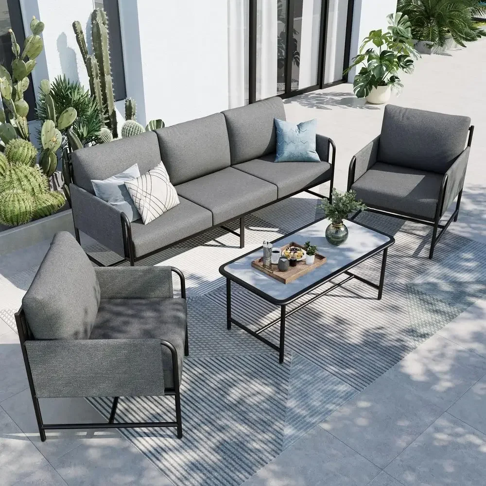 Outdoor Furniture Grey - 5-Sitzer Outdoor-Gartenmöbel-Set mit Strukturiertem Kaffeetisch und