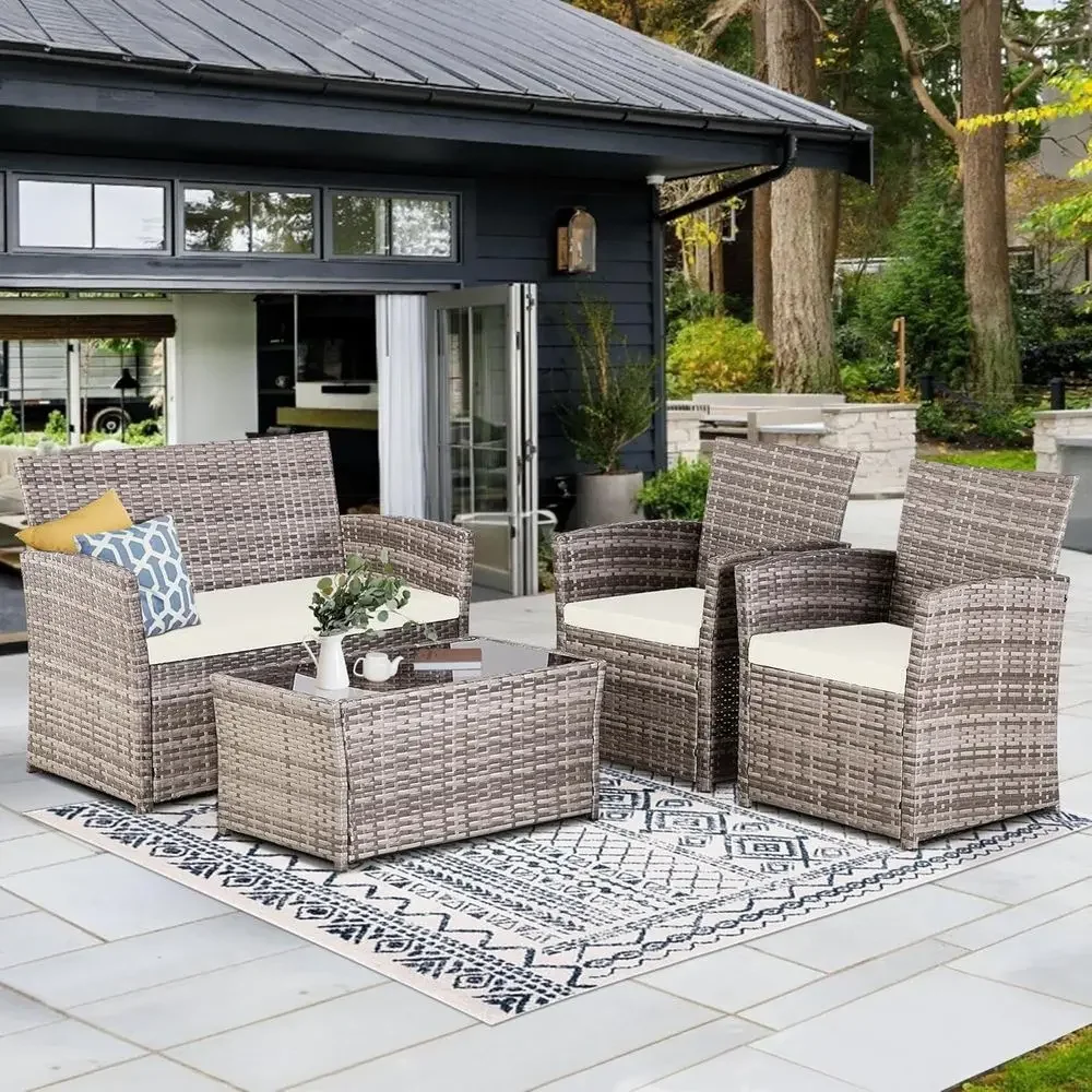 Outdoor Furniture Grey - Outdoor-Rattan-Gartenmöbel-Set: Grau/Beige Rattan-Ecksofa mit Glas-Couchtisch &