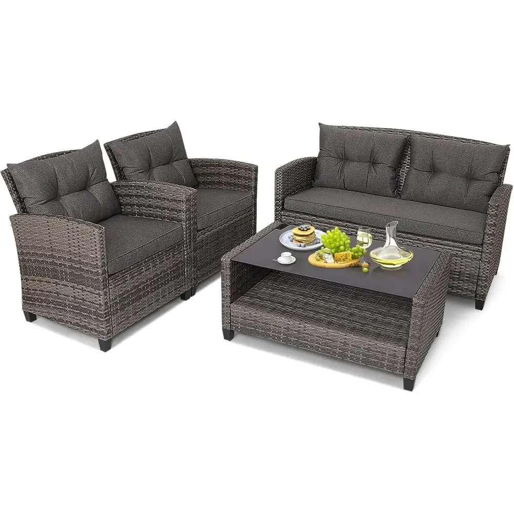 Outdoor Furniture Grey - Graues Outdoor-Gartenmöbel-Set: 4-teiliges Rattan-Stuhl-Set mit Kissen