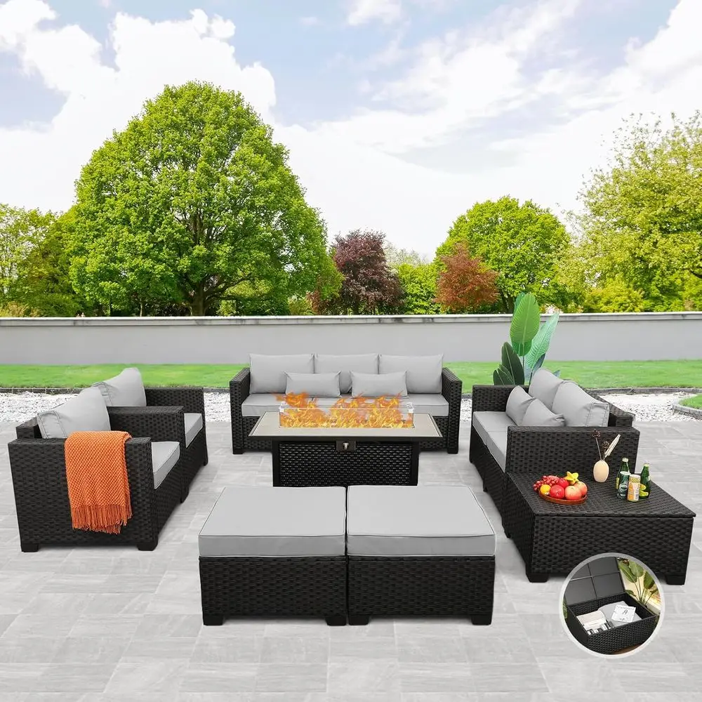 Outdoor Furniture Grey - 8-teiliges Gartenmöbel-Set mit 6000045-Zoll-Propan-Feuerstelle, rutschfesten Kissen,