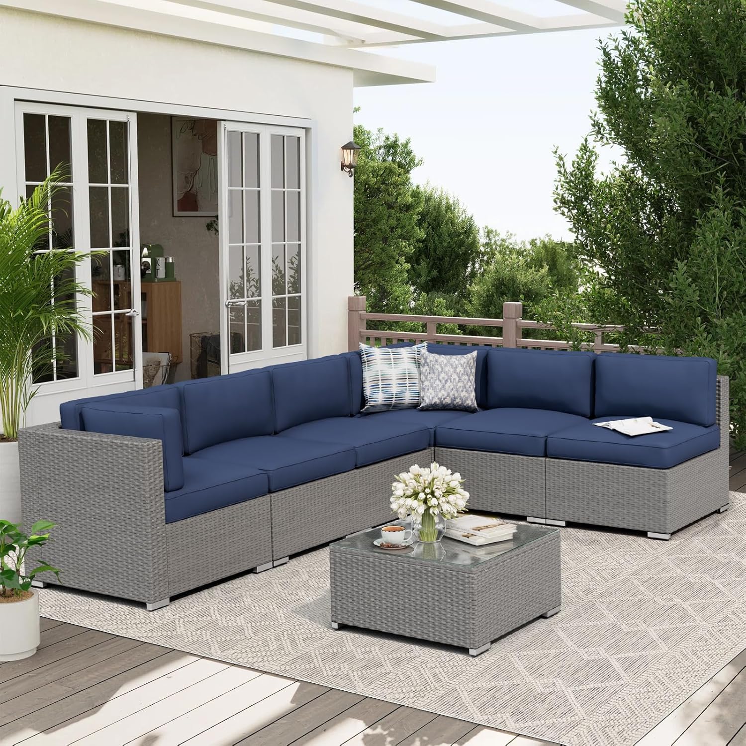 Outdoor Furniture Grey - 7-teiliges Outdoor-Gartenmöbel-Set Graues Rattan-Korbmöbel Ecksofa-Gesprächsgruppe mit