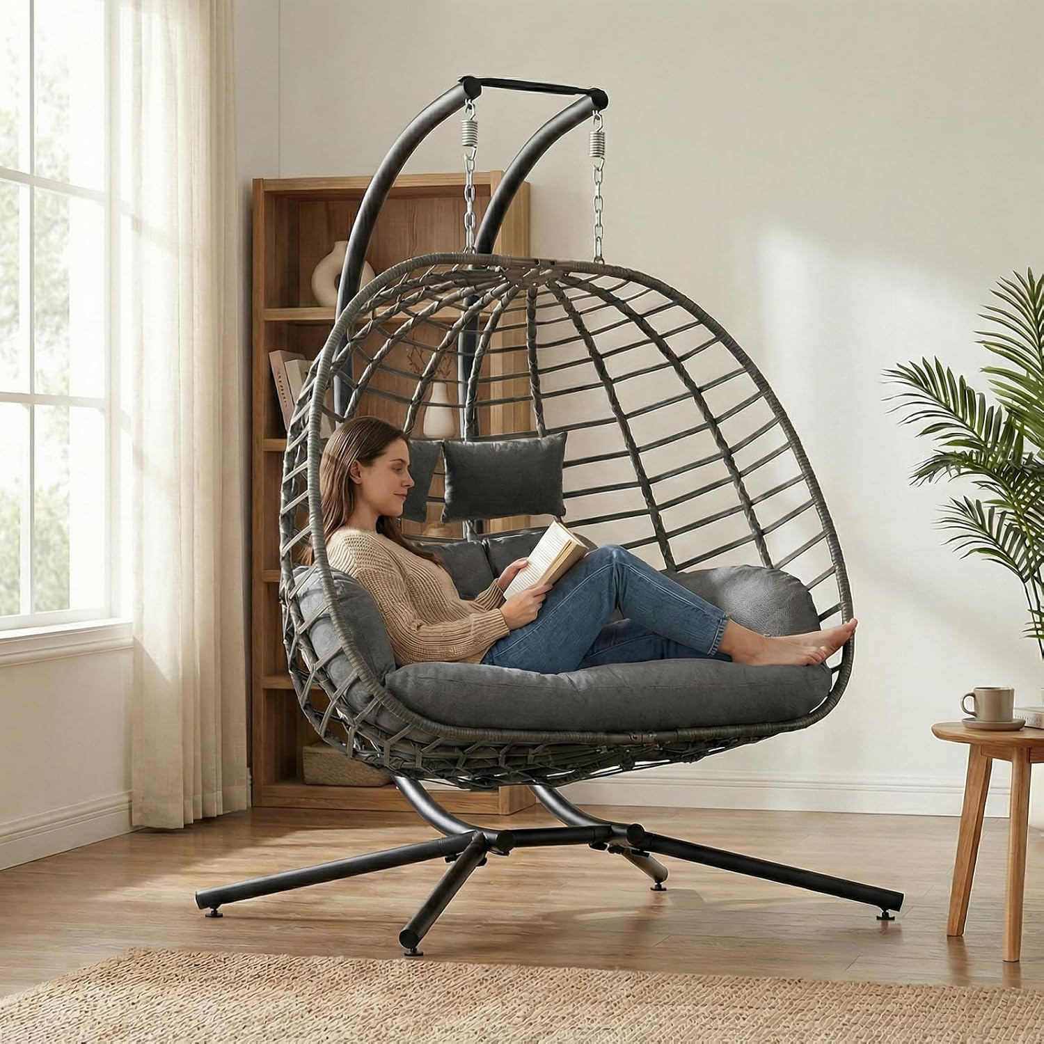 Outdoor Furniture Grey - 2-Personen-Eierschaukelstuhl mit Ständer für Innen und