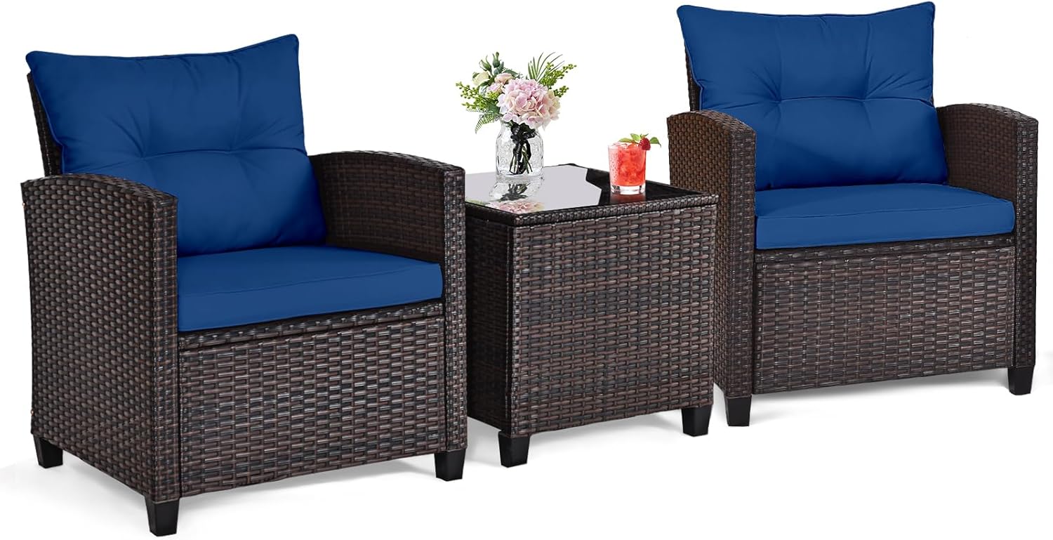 Outdoor Furniture Table - Marineblaues 3-teiliges Bistro-Set aus Rattan-Geflecht für
