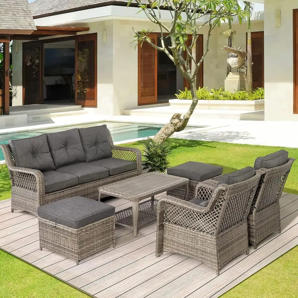 Outdoor Furniture Grey - 6-teiliges graues Outdoor-Rattan-Gartenmöbelset mit Ecksofa, Couchtisch,
